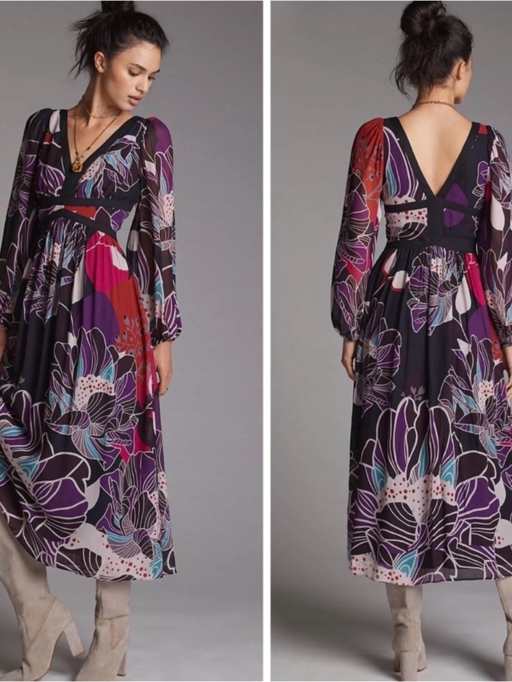 Let Me Be Anthropologie Floral Empire Waist Long Sleeve Maxi Dress Boho Small